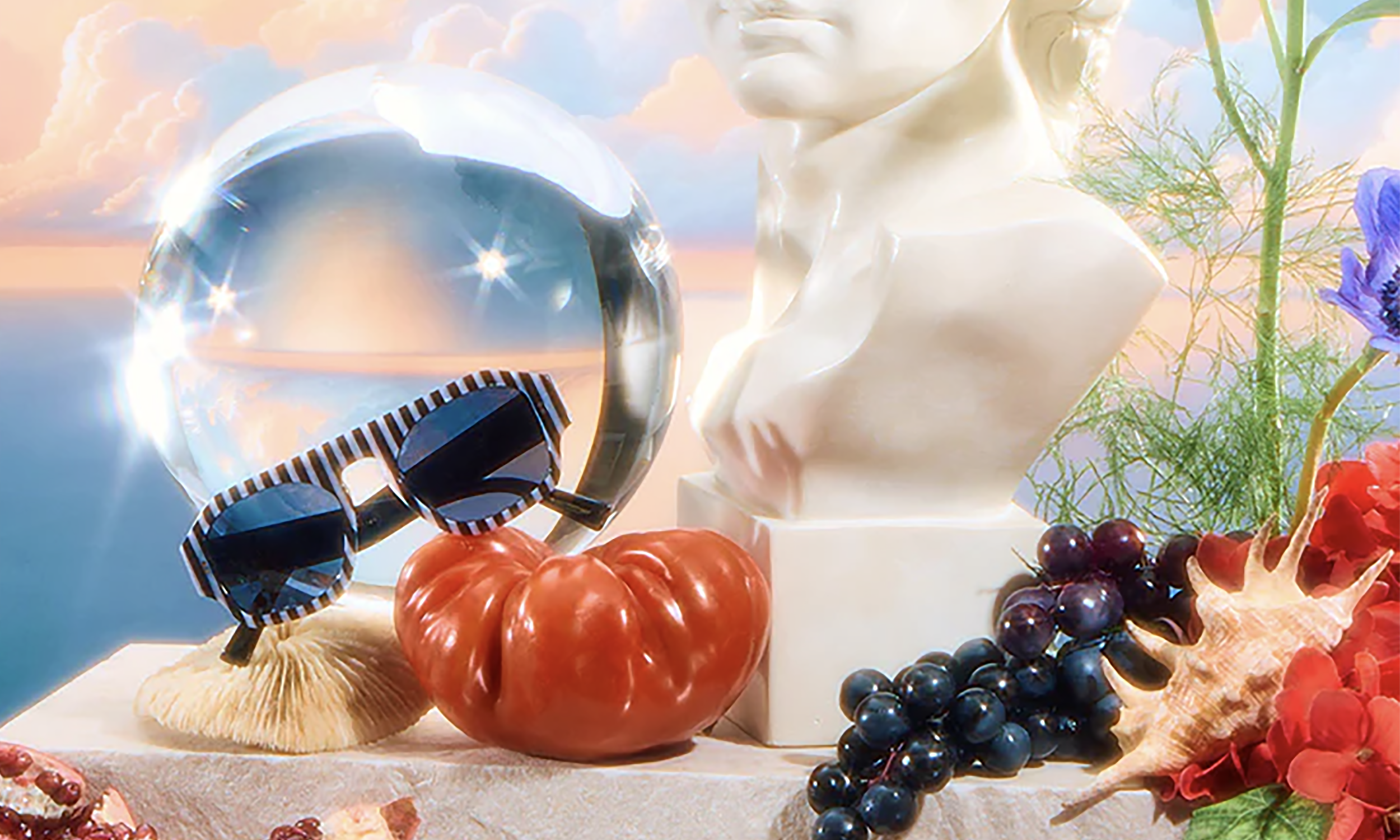 Striped SARDINE sunglasses in a still life with a crystal ball, classical bust and fruit