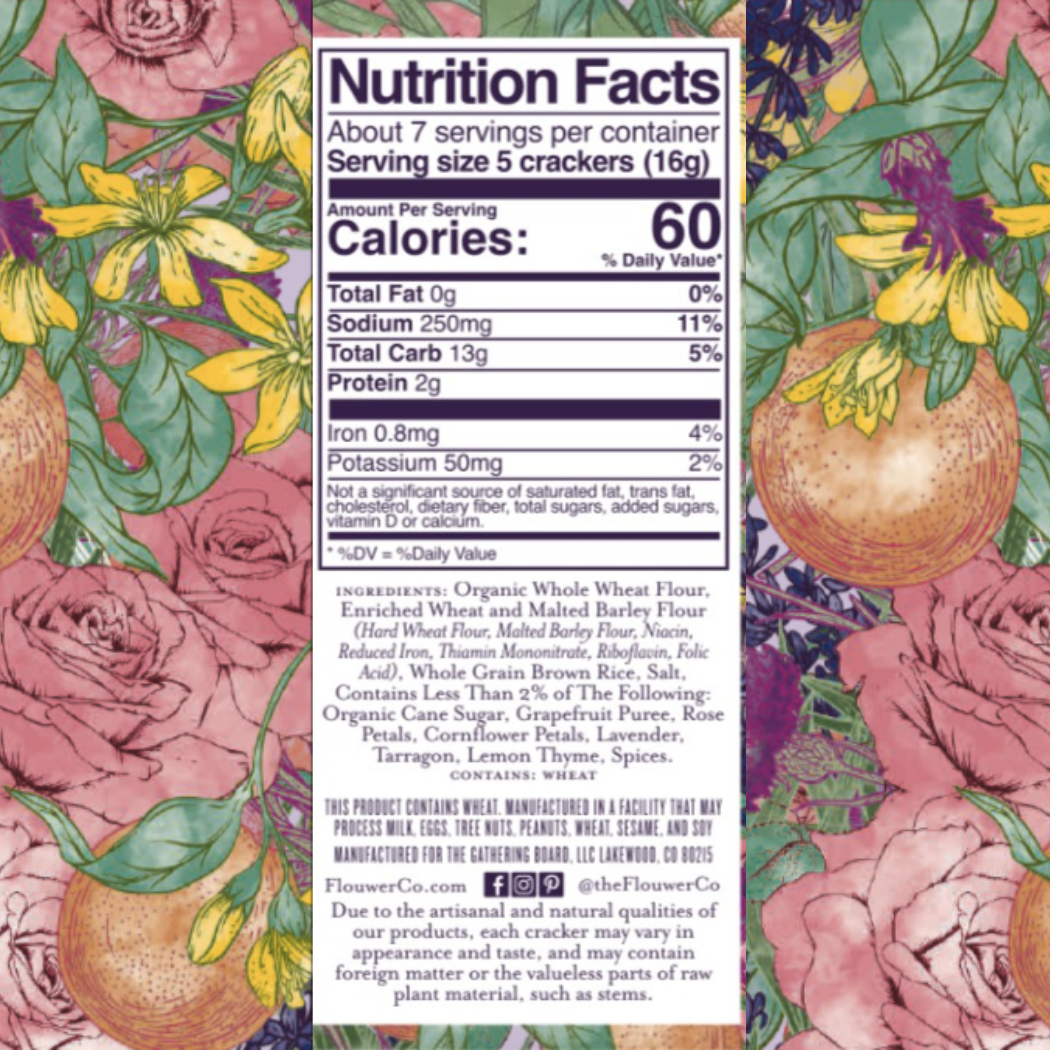 Nutrition facts and ingredient label for Apéritif crackers, about 7 servings per container, 60 calories per 5 crackers
