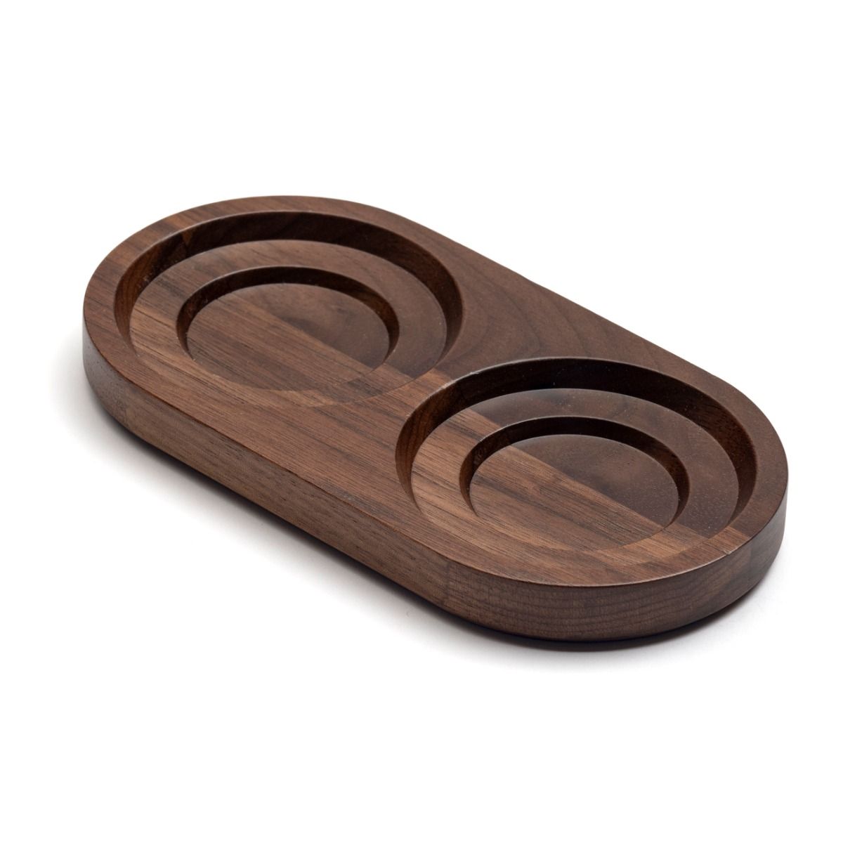 Walnut stand included with the David Mellor Stainless Steel Salt/Pepper Mill Set