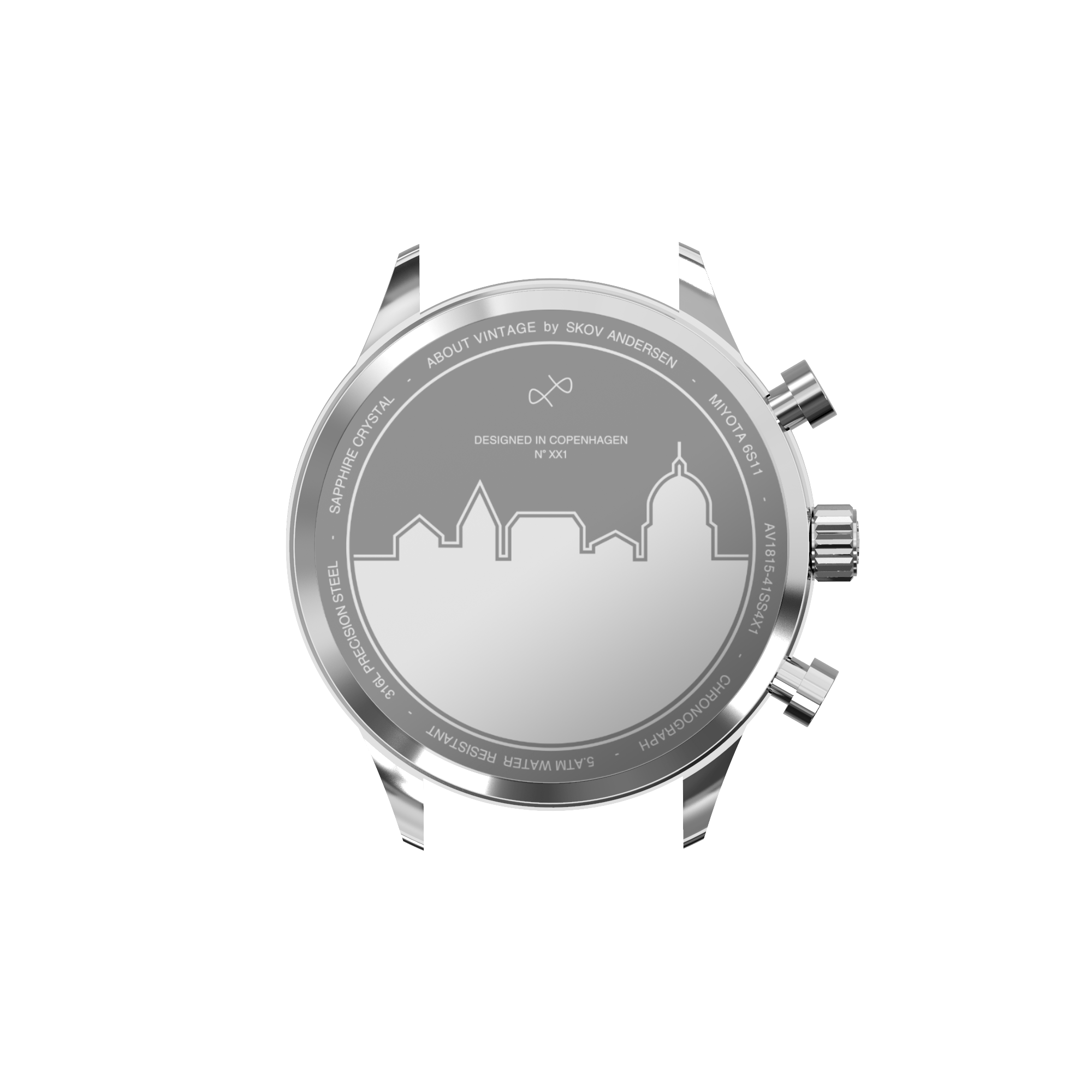 1844 Chronograph caseback with engraved Copenhagen skyline