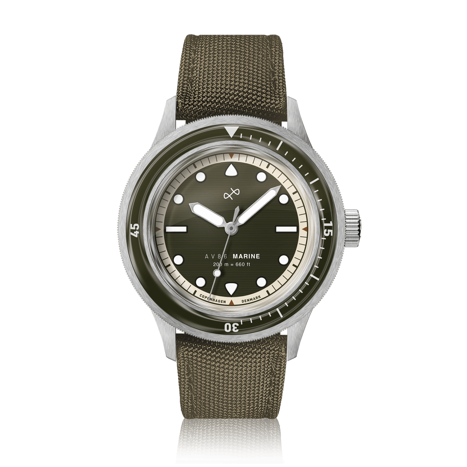 AV86 1956 Marine in Steel with green ridged dial on a Cordura Army strap