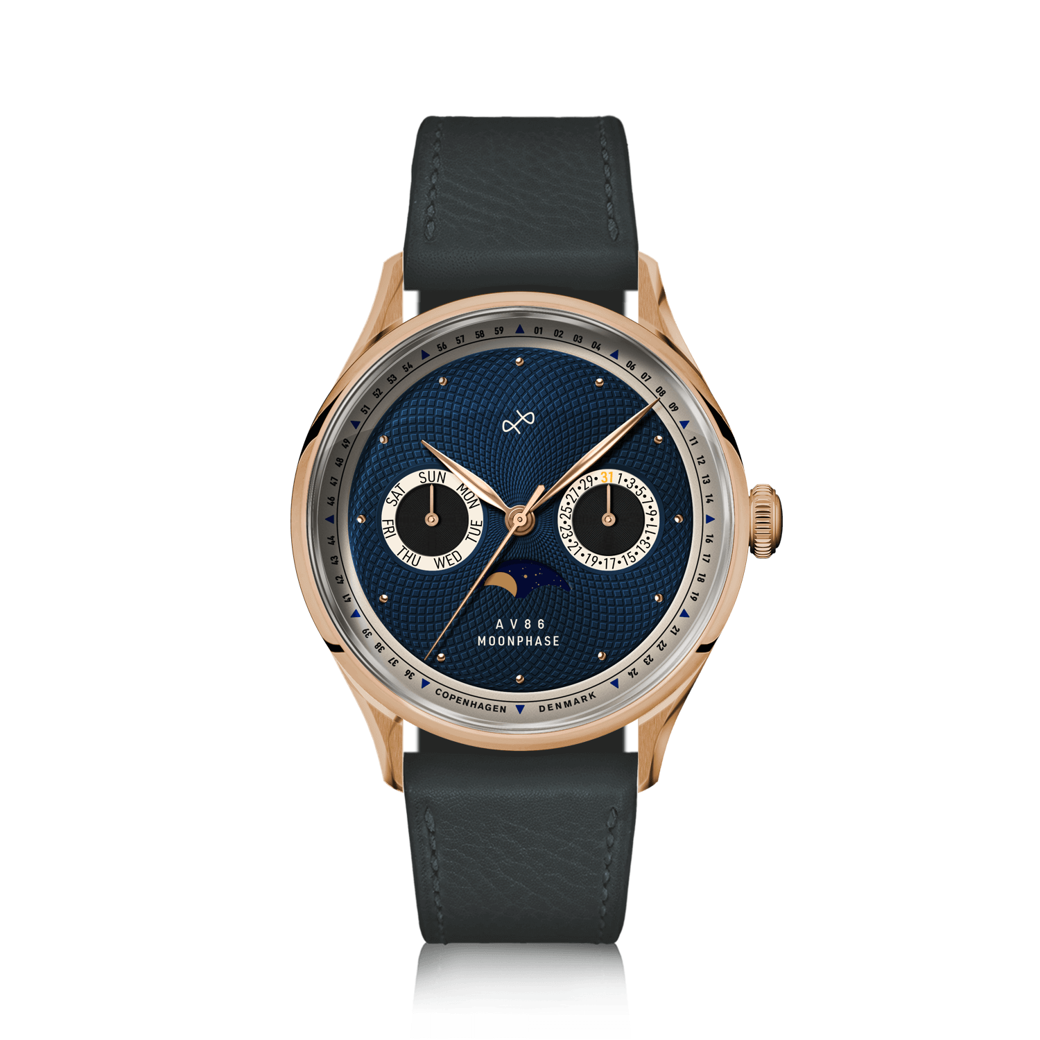AV86 1968 Moonphase in Rose Gold with dark blue guilloche dial