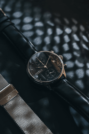1844 Chronograph Black with leather strap, lifestyle