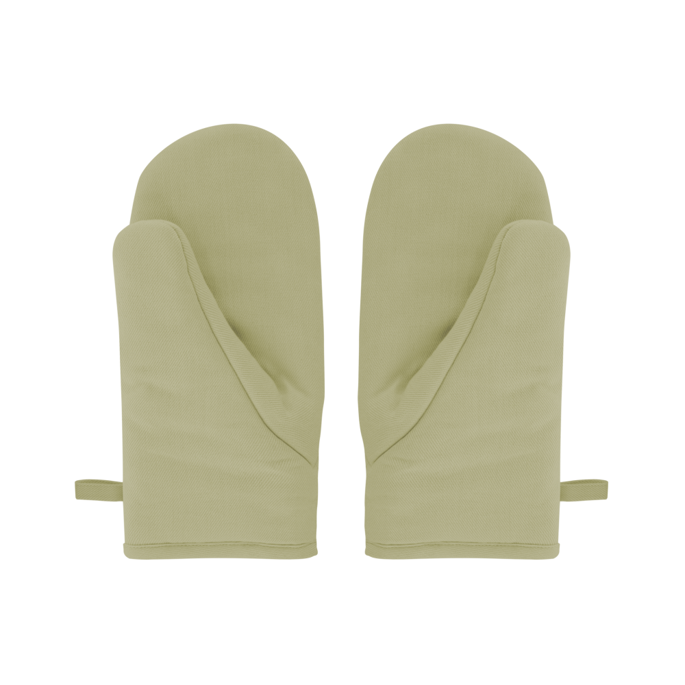 Reverse side of the oven mitts, showing the plain olive backing and hanging loops