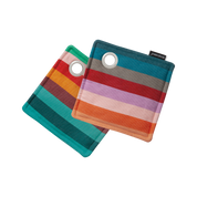 Pair of Remember No. 2 pot holders in bold teal, red, orange and lilac stripes with hanging eyelets