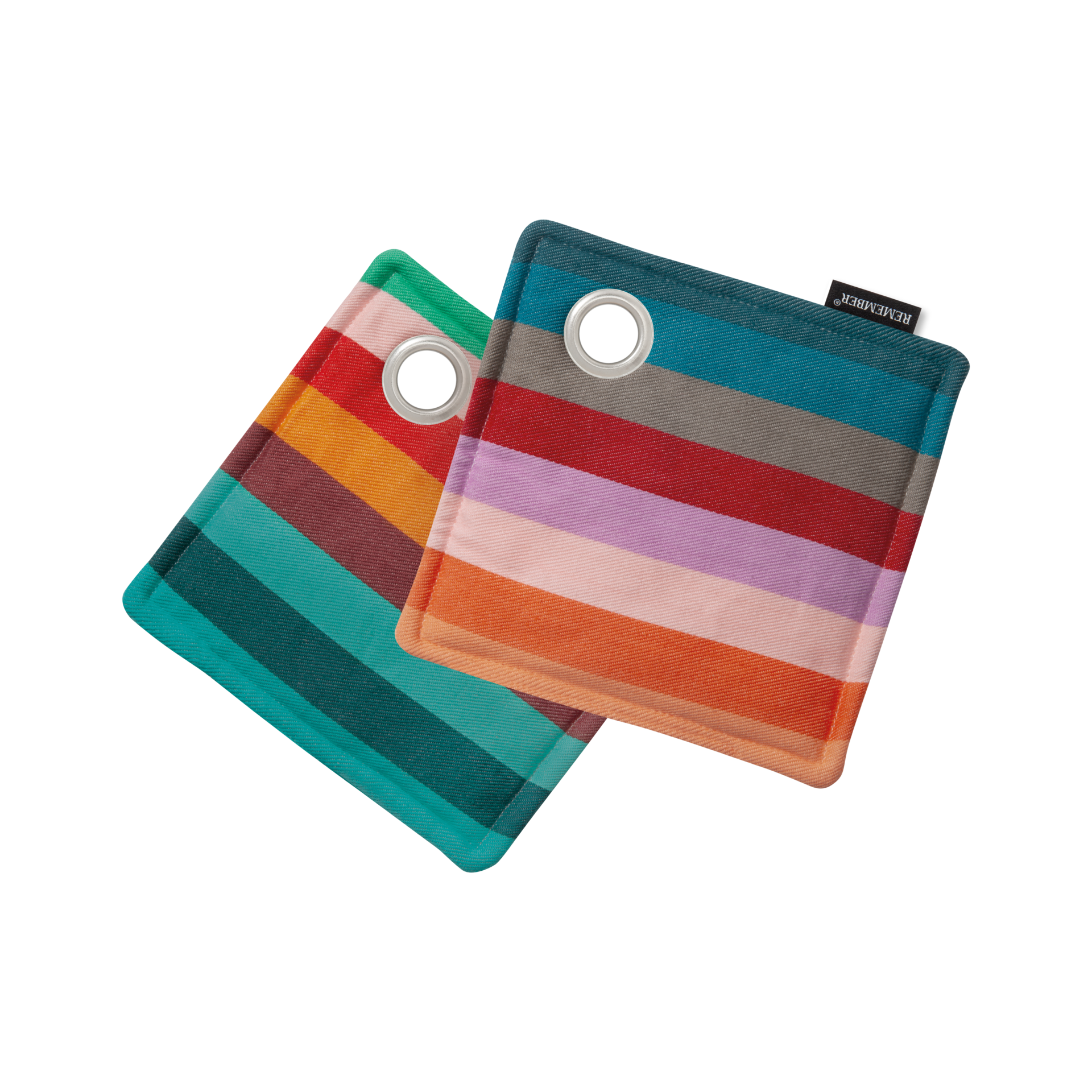 Pair of Remember No. 2 pot holders in bold teal, red, orange and lilac stripes with hanging eyelets