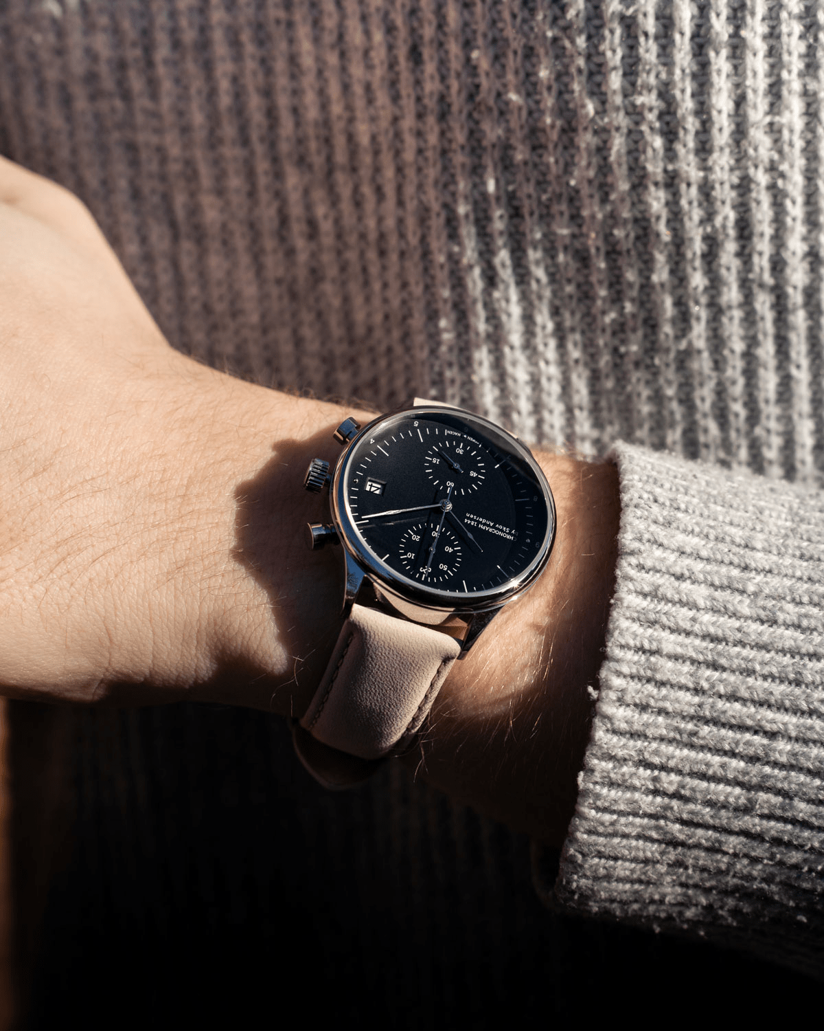 1844 Chronograph Black on wrist with beige strap