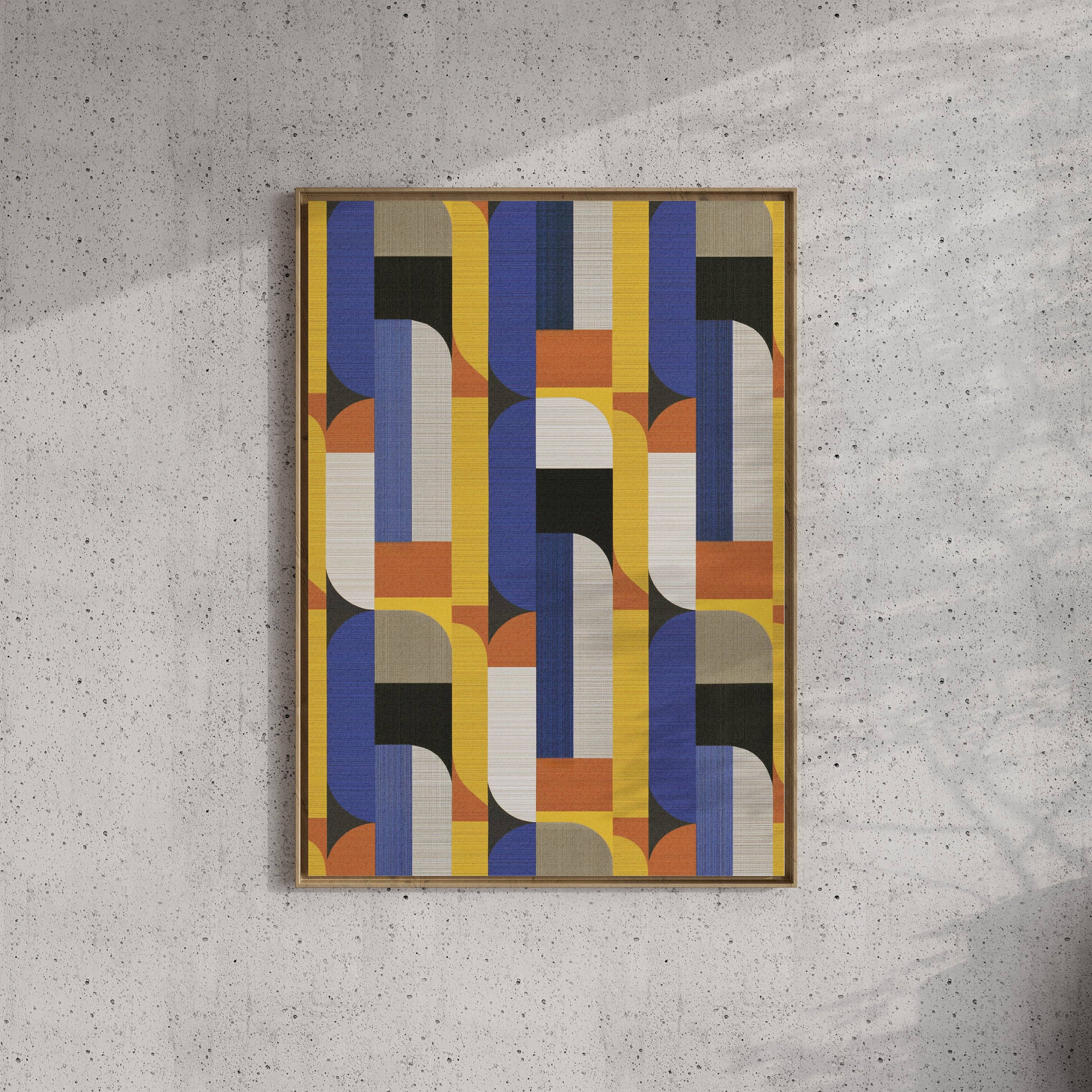 Forma Art Studio Kiln No. 02 print, vertical bands in cobalt, gold and terracotta interrupted by wavy black forms