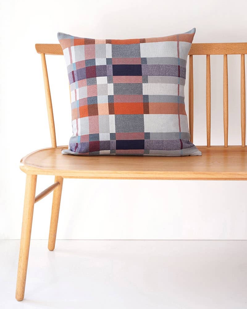 Mungo Double Cloth Cushion in Camdeboo, a grey, orange and navy grid weave