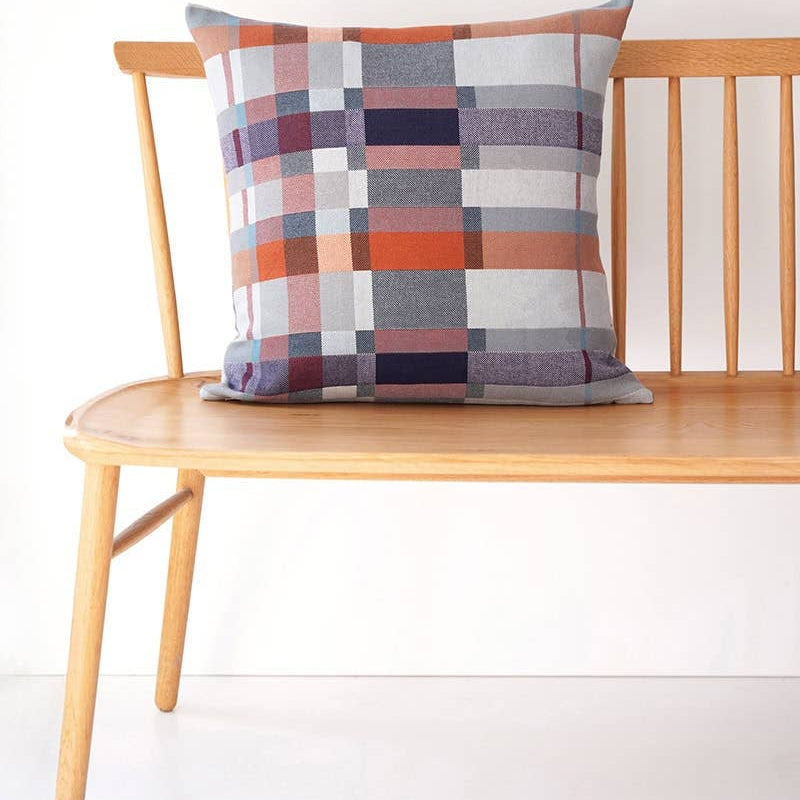 Mungo Double Cloth Cushion in Camdeboo, a grey, orange and navy grid weave