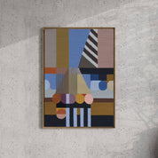 Detail of the Woven Perspectives No. 05 print showing the diagonal stripes, circles and architectural forms