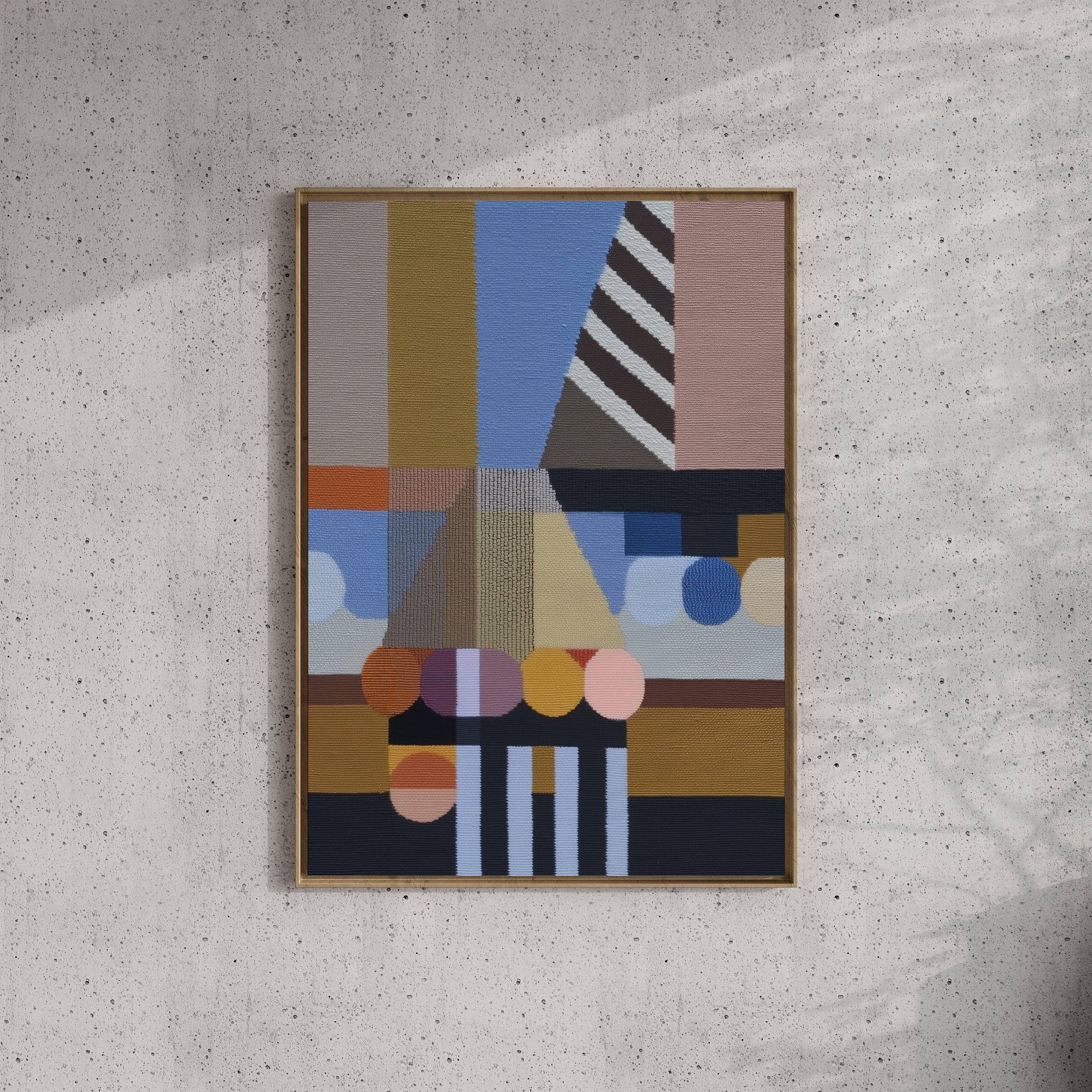 Detail of the Woven Perspectives No. 05 print showing the diagonal stripes, circles and architectural forms