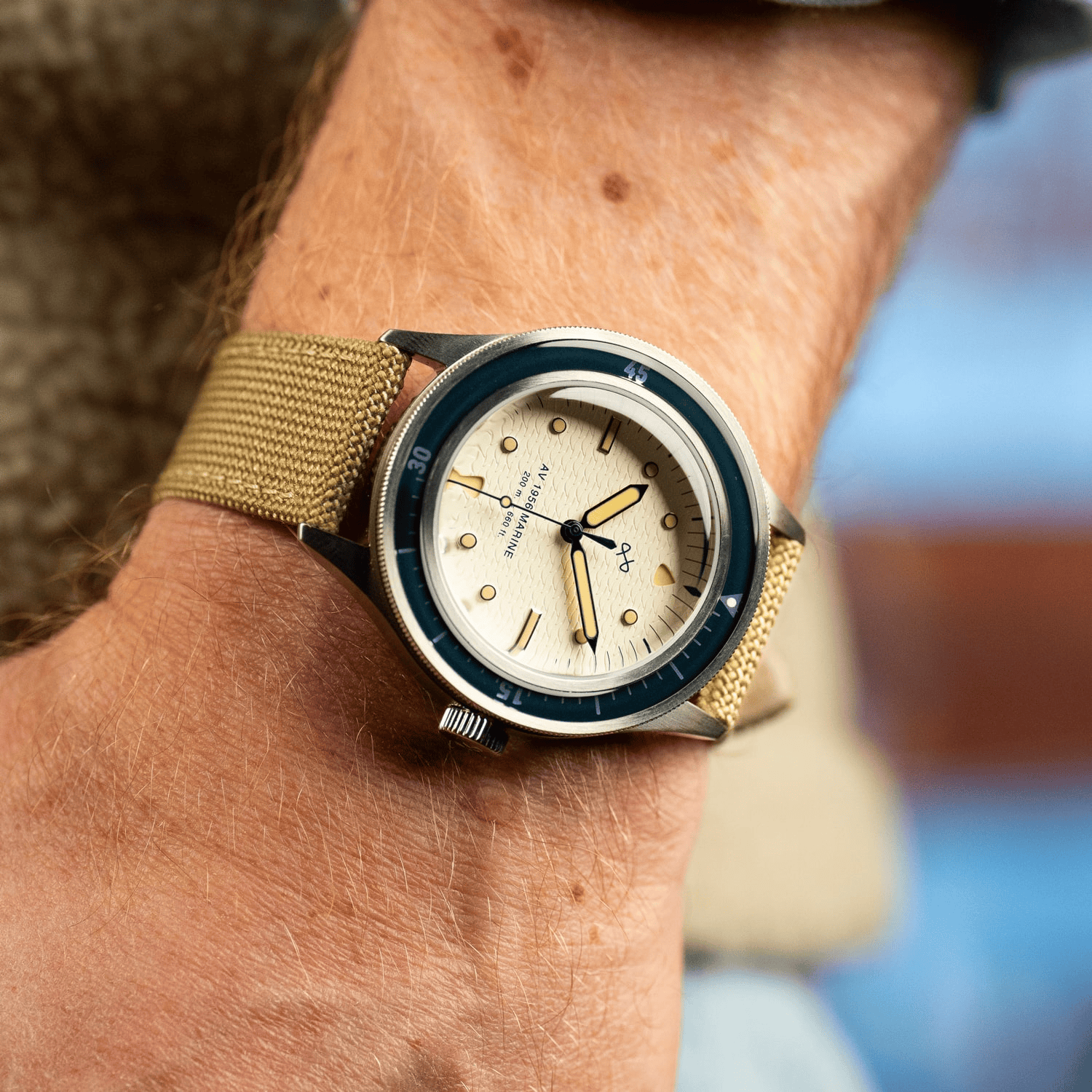 1956 Marine Navy & Off White on wrist
