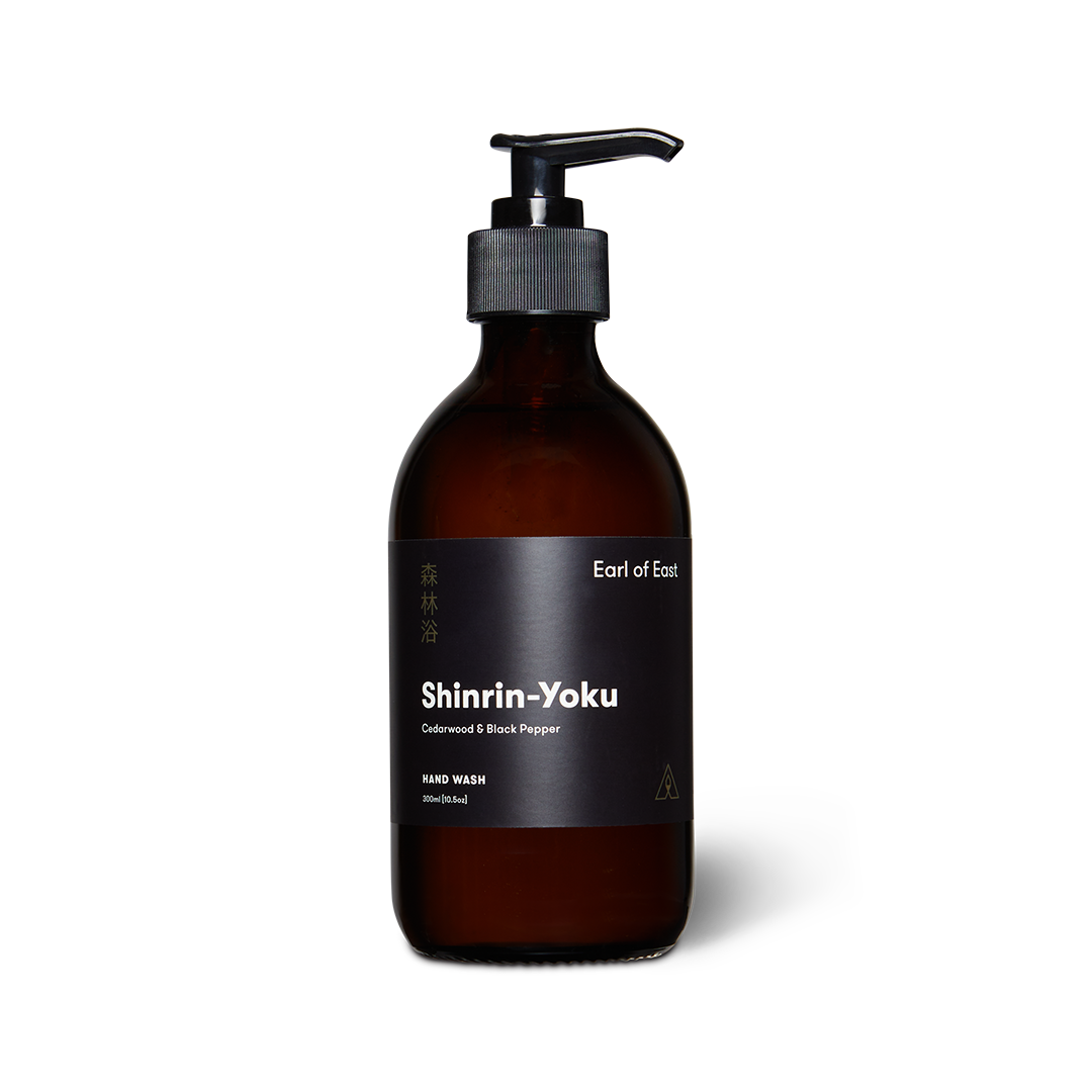 Earl of East Shinrin-Yoku hand wash in an amber glass bottle with a black pump