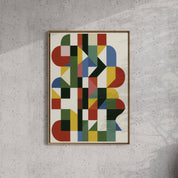 Forma Art Studio Construct No. 04 print, interlocking quarter-circles and angular blocks in forest green, cobalt, terracotta and blush