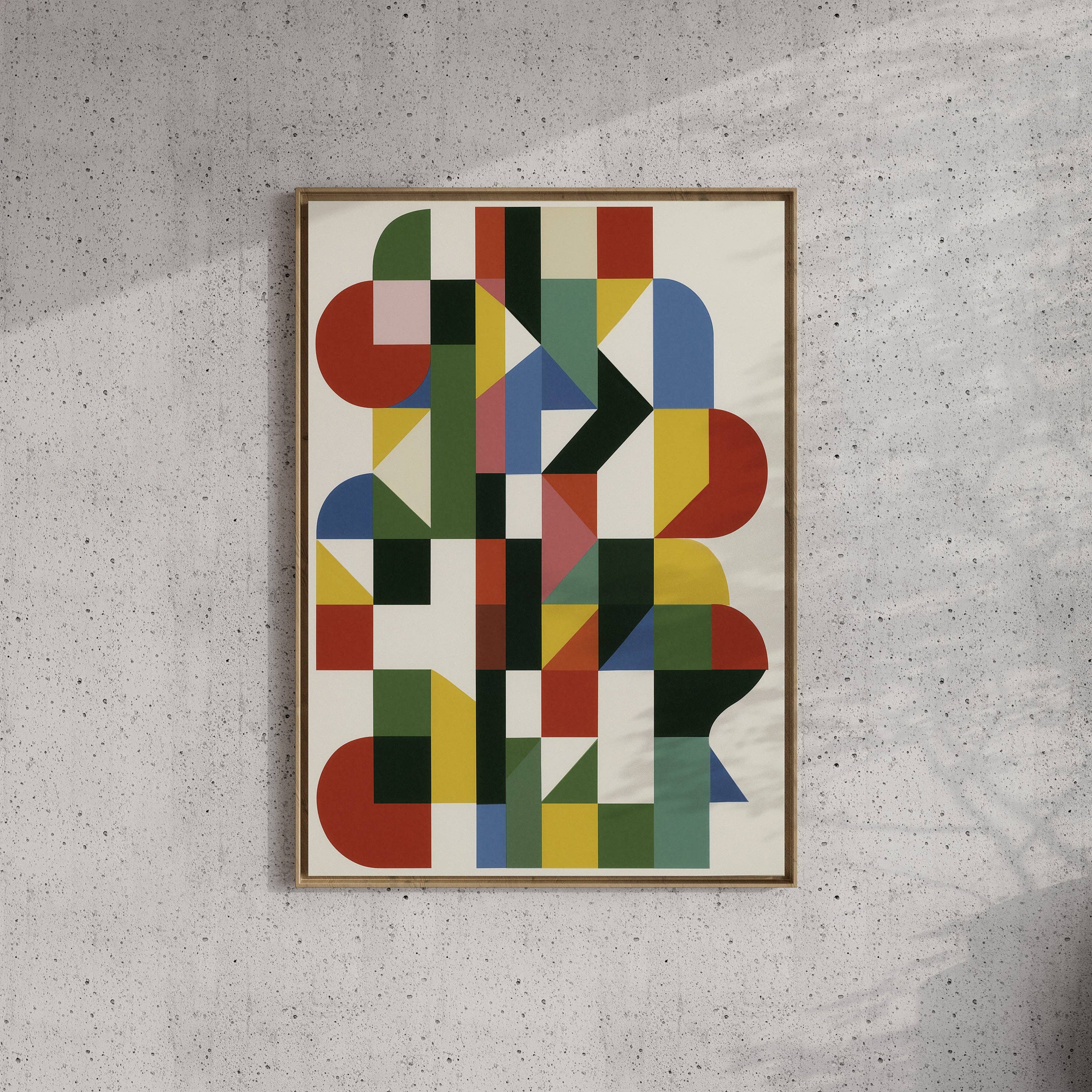 Forma Art Studio Construct No. 04 print, interlocking quarter-circles and angular blocks in forest green, cobalt, terracotta and blush