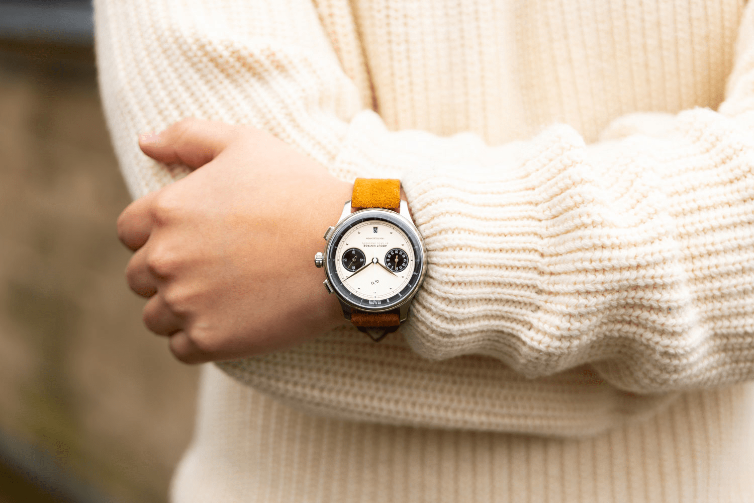 1934 Telechron on wrist with leather strap