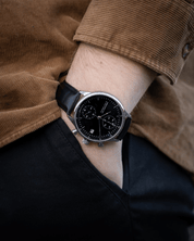 1844 Chronograph Black on wrist, leather strap