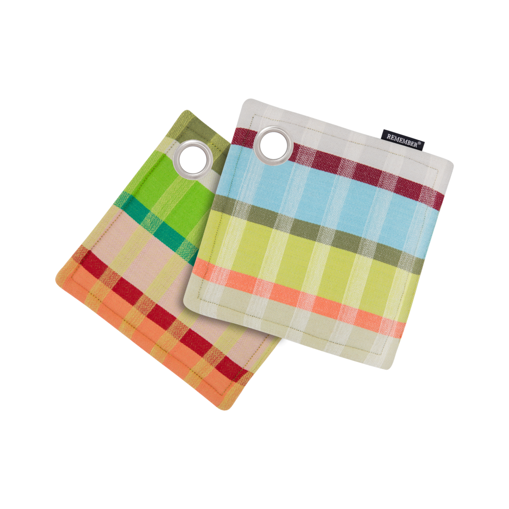 Pair of Remember No. 6 pot holders in a green, blue, olive and coral check weave with hanging eyelets