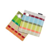 Pair of Remember No. 6 pot holders in a green, blue, olive and coral check weave with hanging eyelets