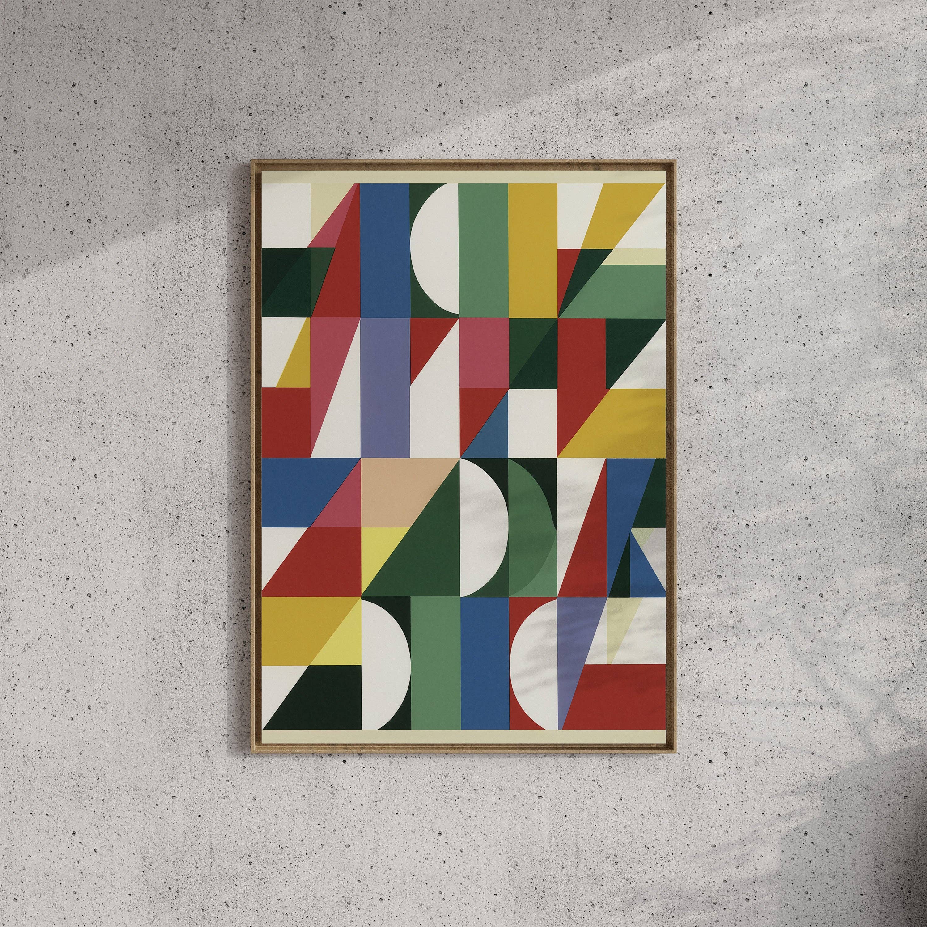 Forma Art Studio Construct No. 05 print, triangular forms in cardinal red, gold, forest green and cobalt over a black-and-white ground