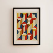 Forma Art Studio Construct No. 07 print, faceted diamonds and triangles in cardinal red, gold and warm cream with black accents