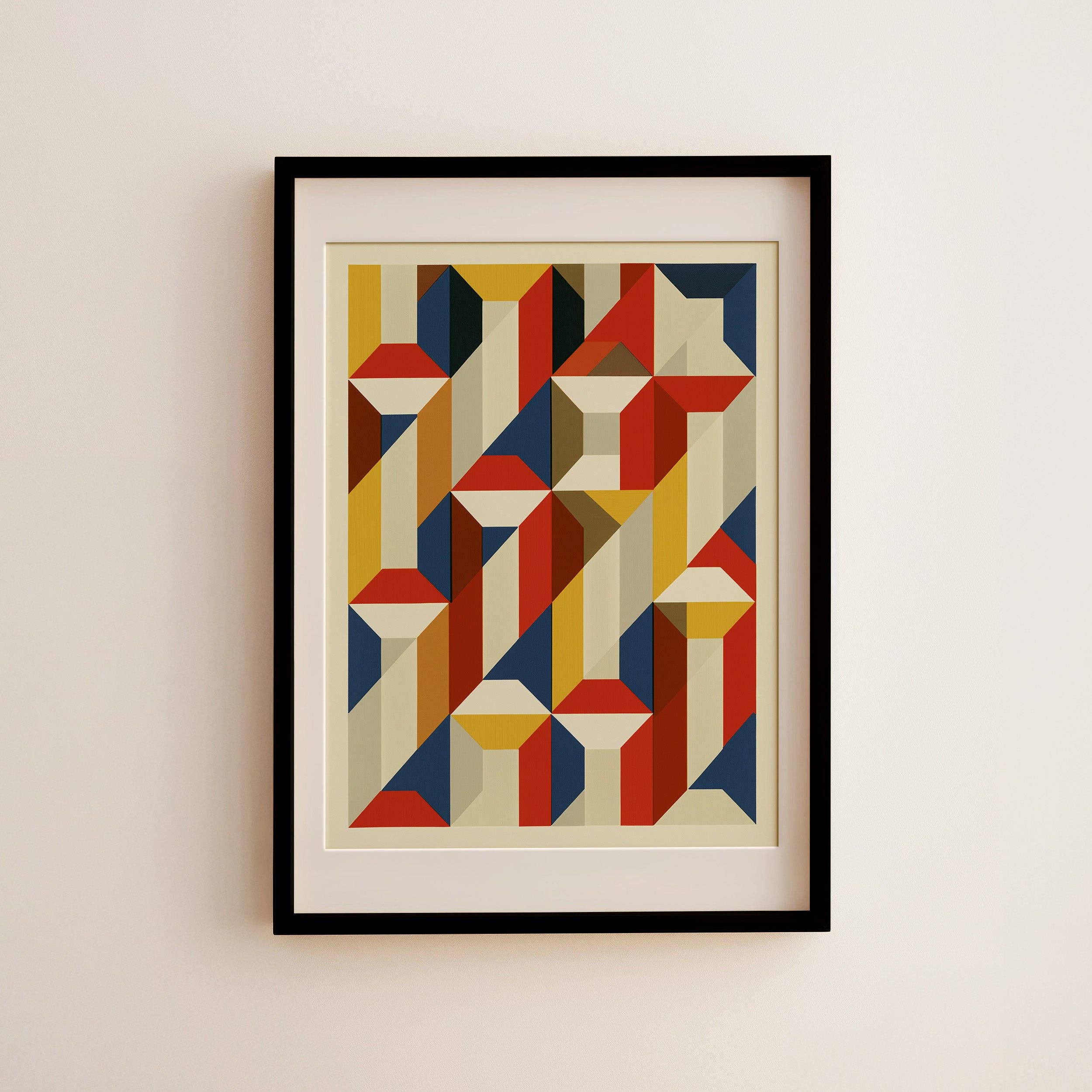 Forma Art Studio Construct No. 07 print, faceted diamonds and triangles in cardinal red, gold and warm cream with black accents