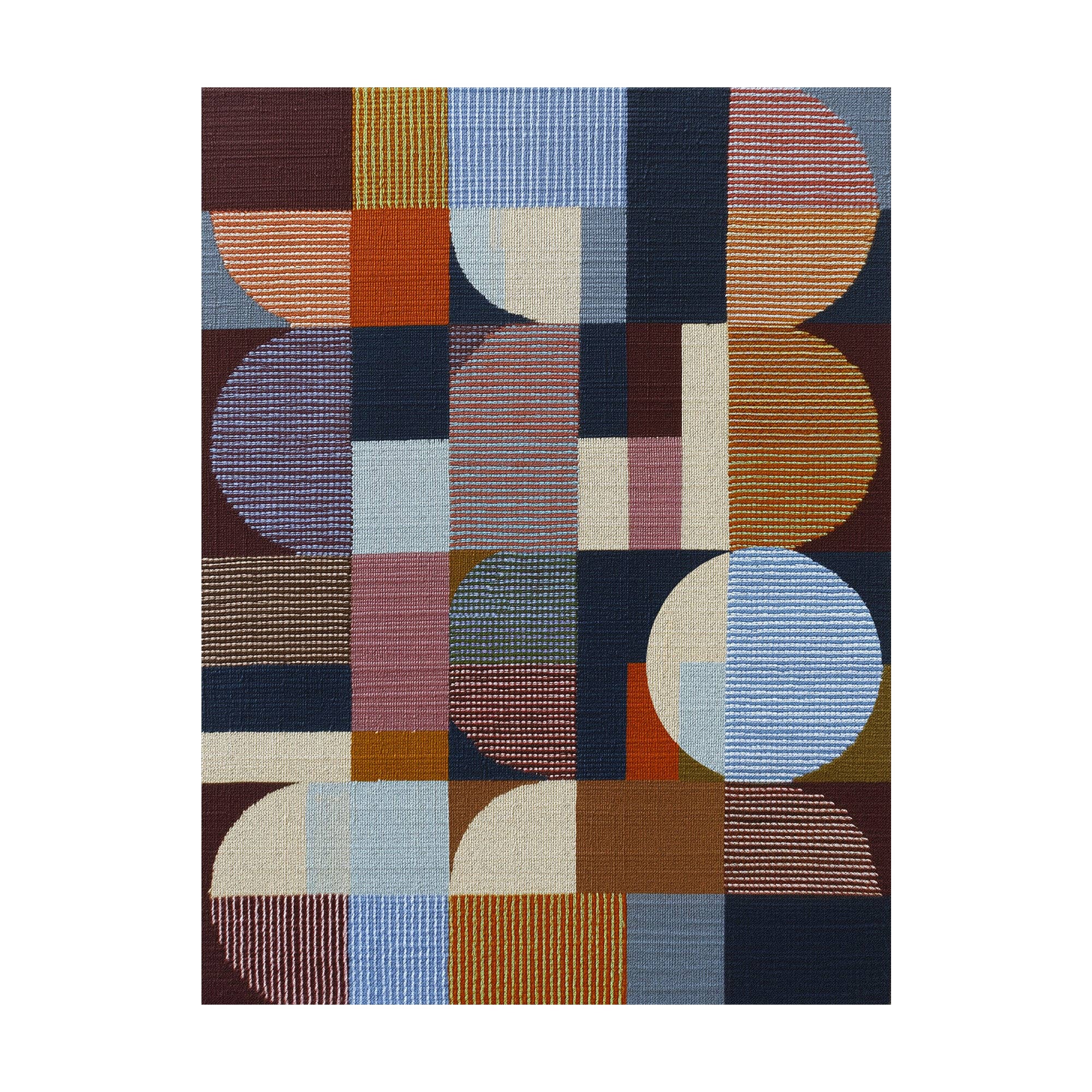 Forma Art Studio Woven Perspectives No. 18 print, a woven grid of overlapping circles and arcs in deep burgundy, navy, terracotta, dusty pink and sky blue