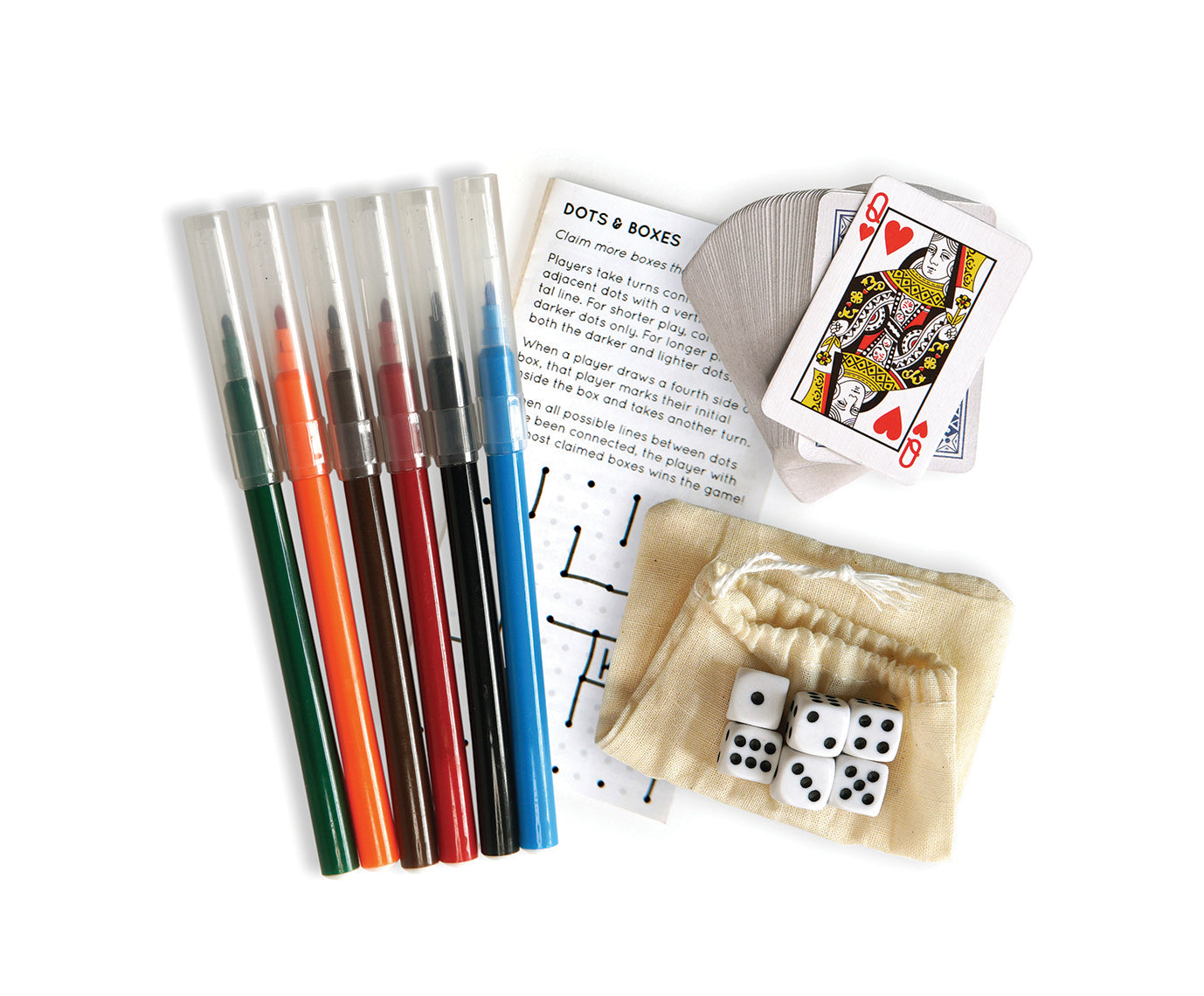 Jotblock Portable Games Set supplies including mini playing cards, dice in a cotton pouch and color markers