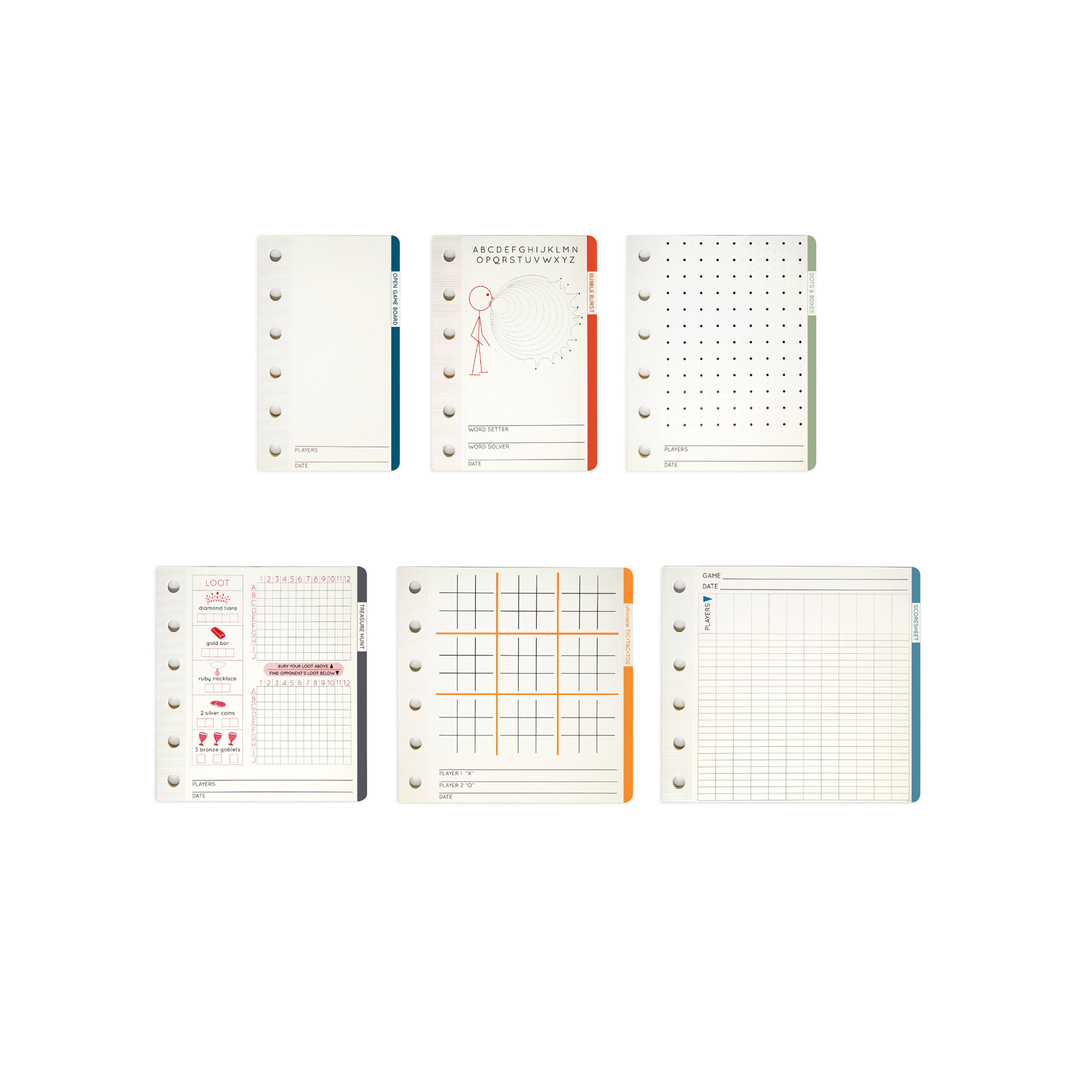 The six perforated game pads: Bubble Burst, Dots and Boxes, Treasure Hunt, Ultimate Tic-Tac-Toe, open game and scoresheet