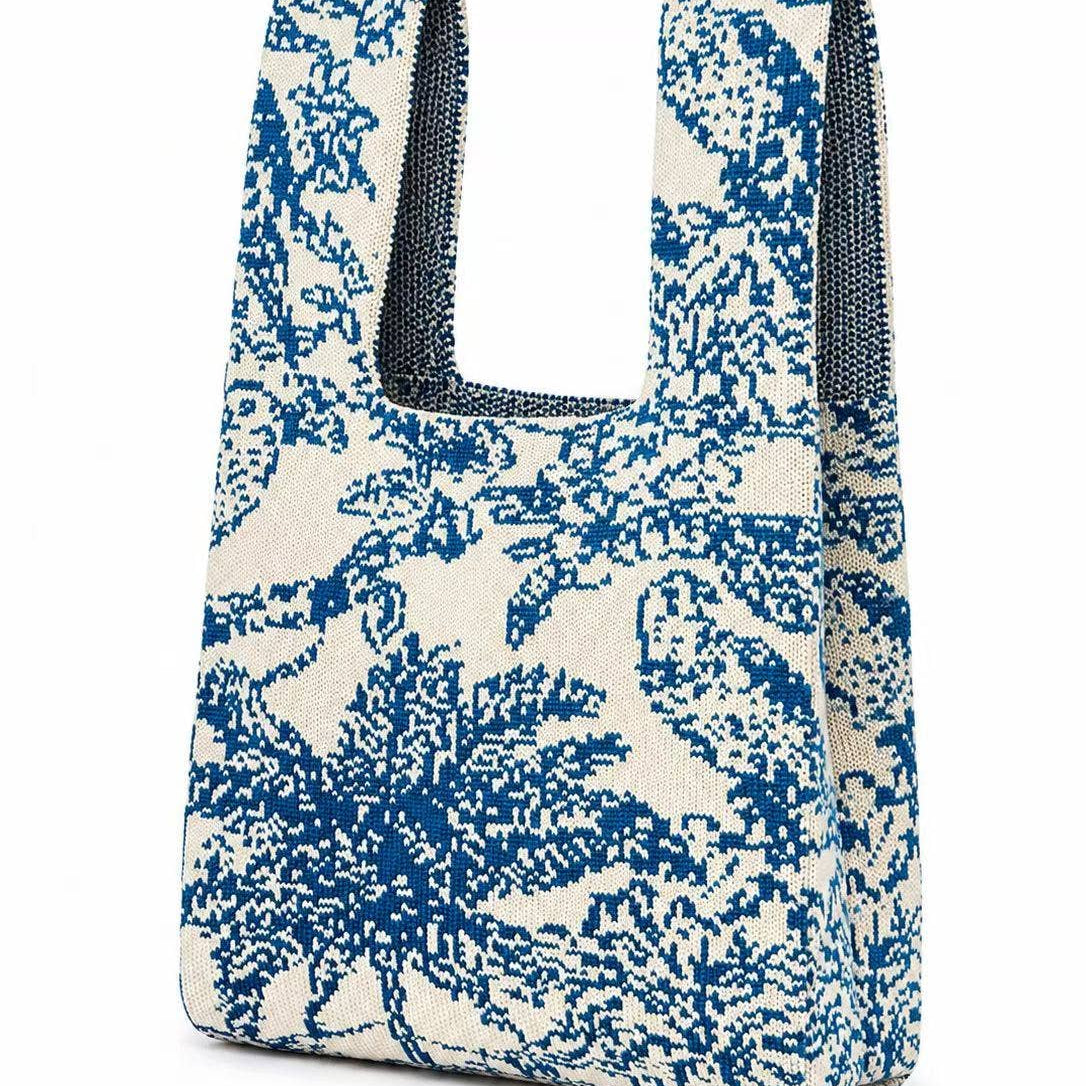 Small Blue Palm Postcard Knitted Bag, blue palm tree pattern on cream knitted tote