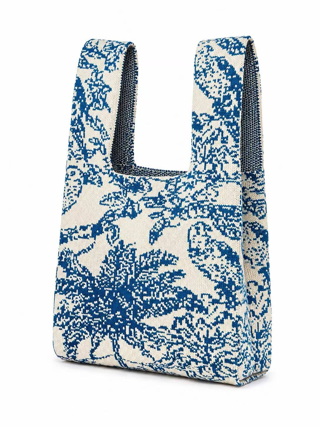 Small Blue Palm Postcard Knitted Bag, blue palm tree pattern on cream knitted tote