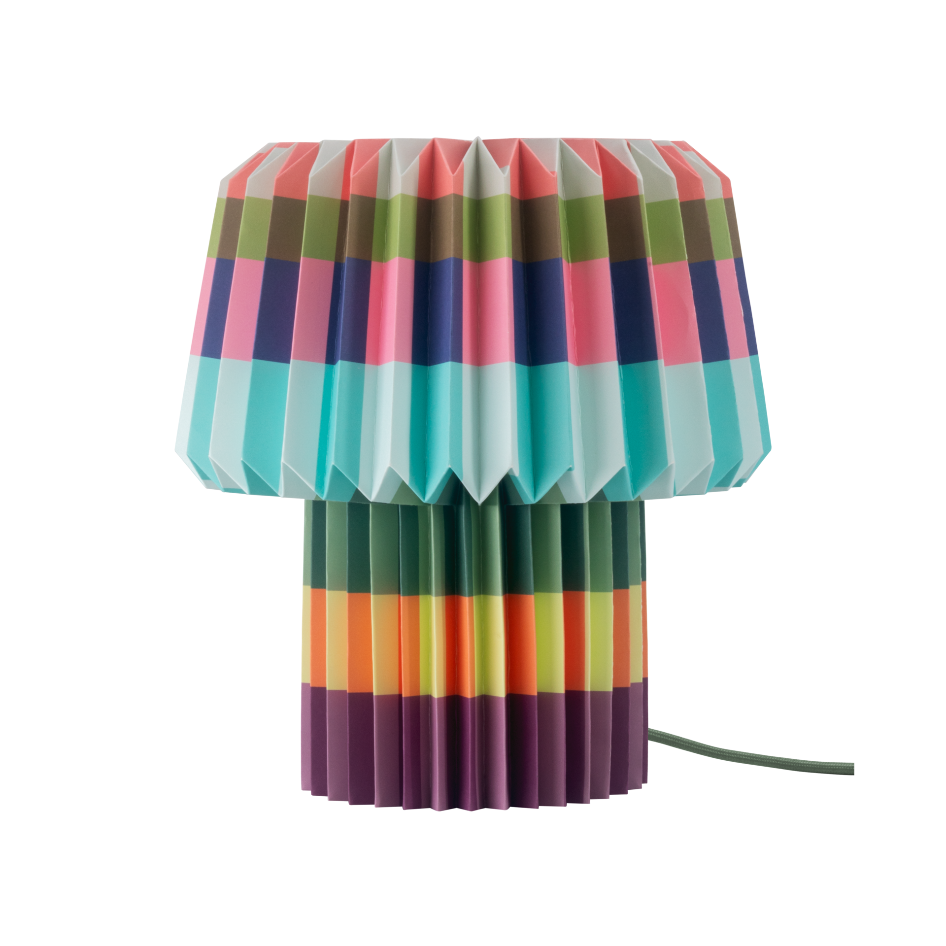 Paper Lamp Anna in the blocks pattern, pleated paper shade in coral, olive, navy and turquoise blocks