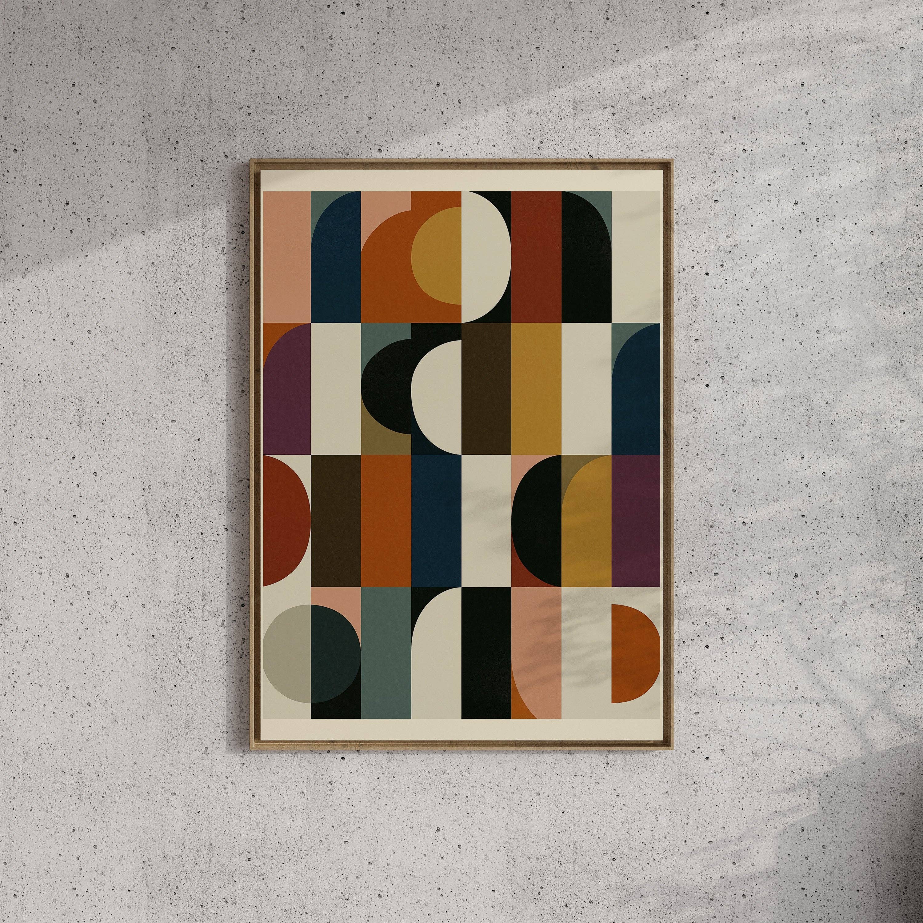 Forma Art Studio Kiln No. 05 print, a checkered field of olive and warm tan with tall cobalt bands and a black architectural form