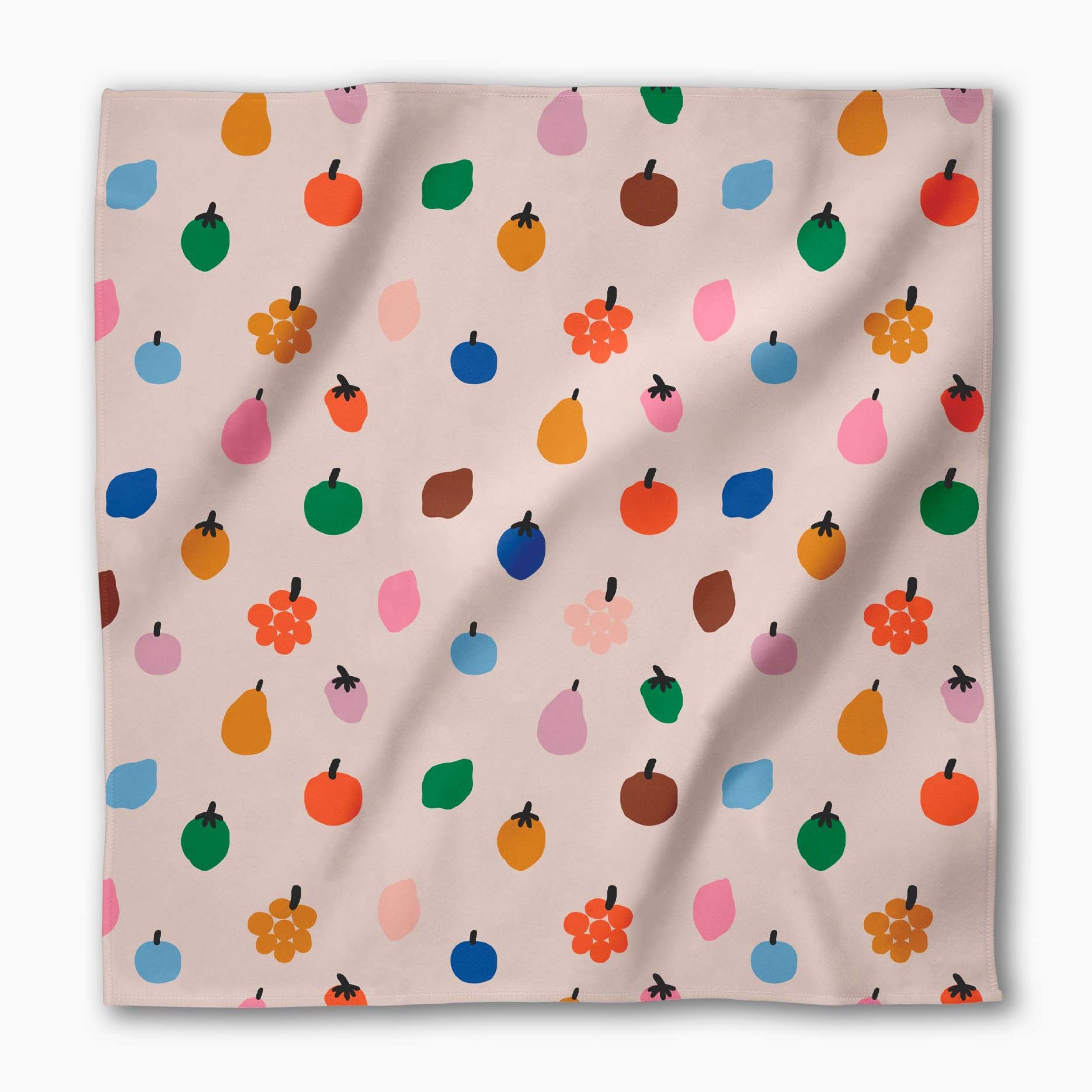 Single Fruit Basket napkin laid flat, small apples, pears and blossoms on pale blush