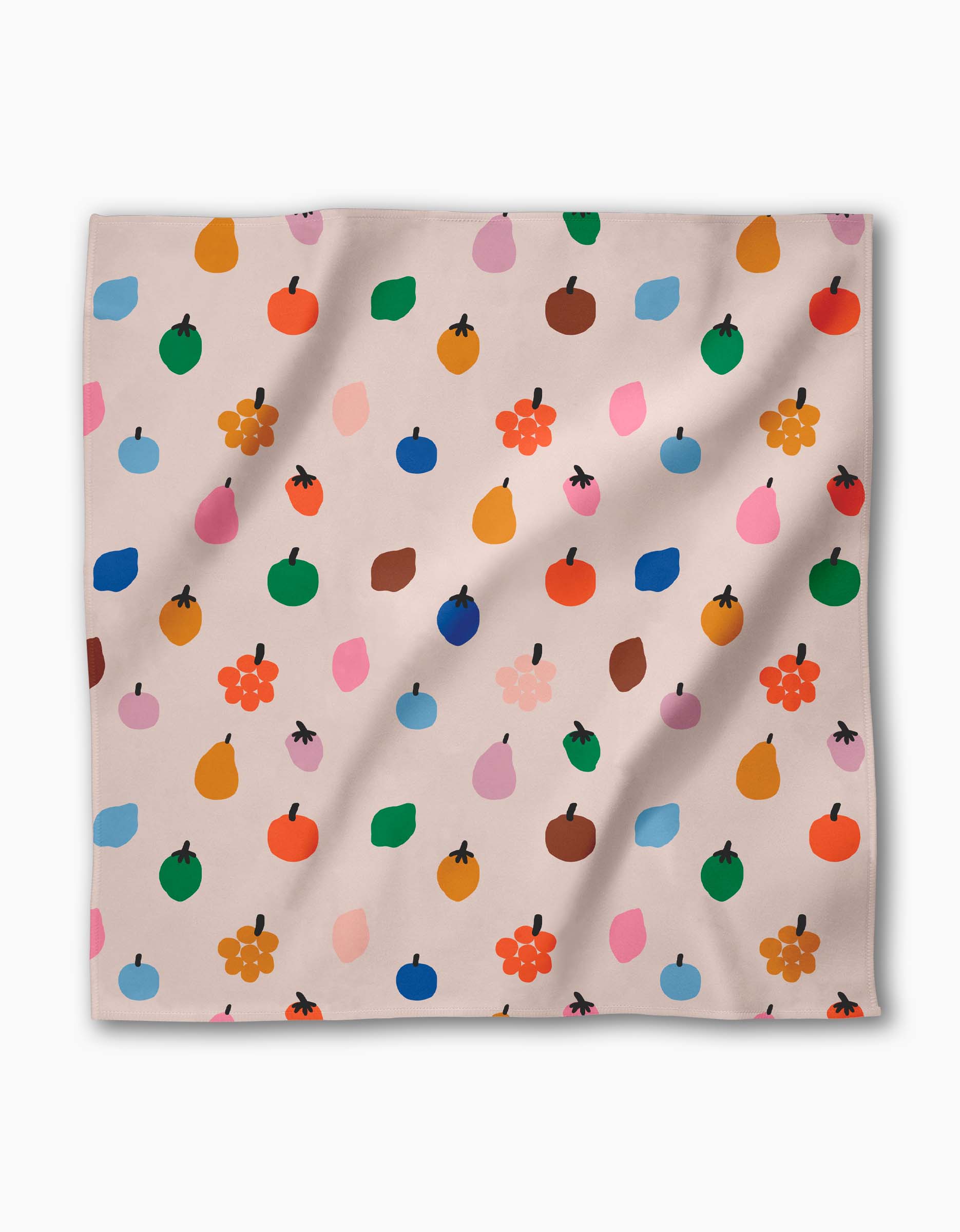 Single Fruit Basket napkin laid flat, small apples, pears and blossoms on pale blush