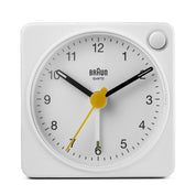 Braun BC2X Travel Alarm Clock in white, compact square case with yellow second hand