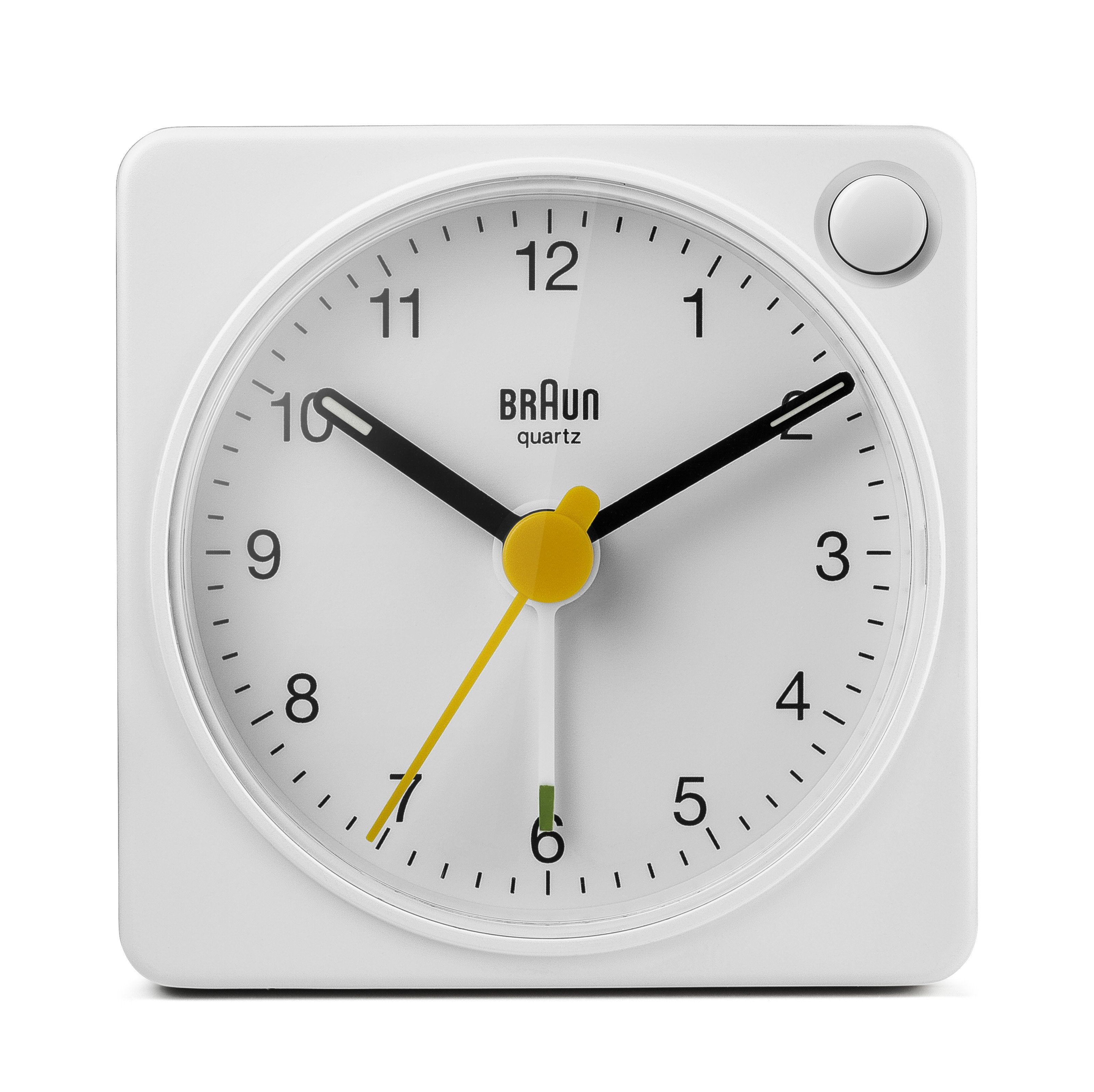 Braun BC2X Travel Alarm Clock in white, compact square case with yellow second hand