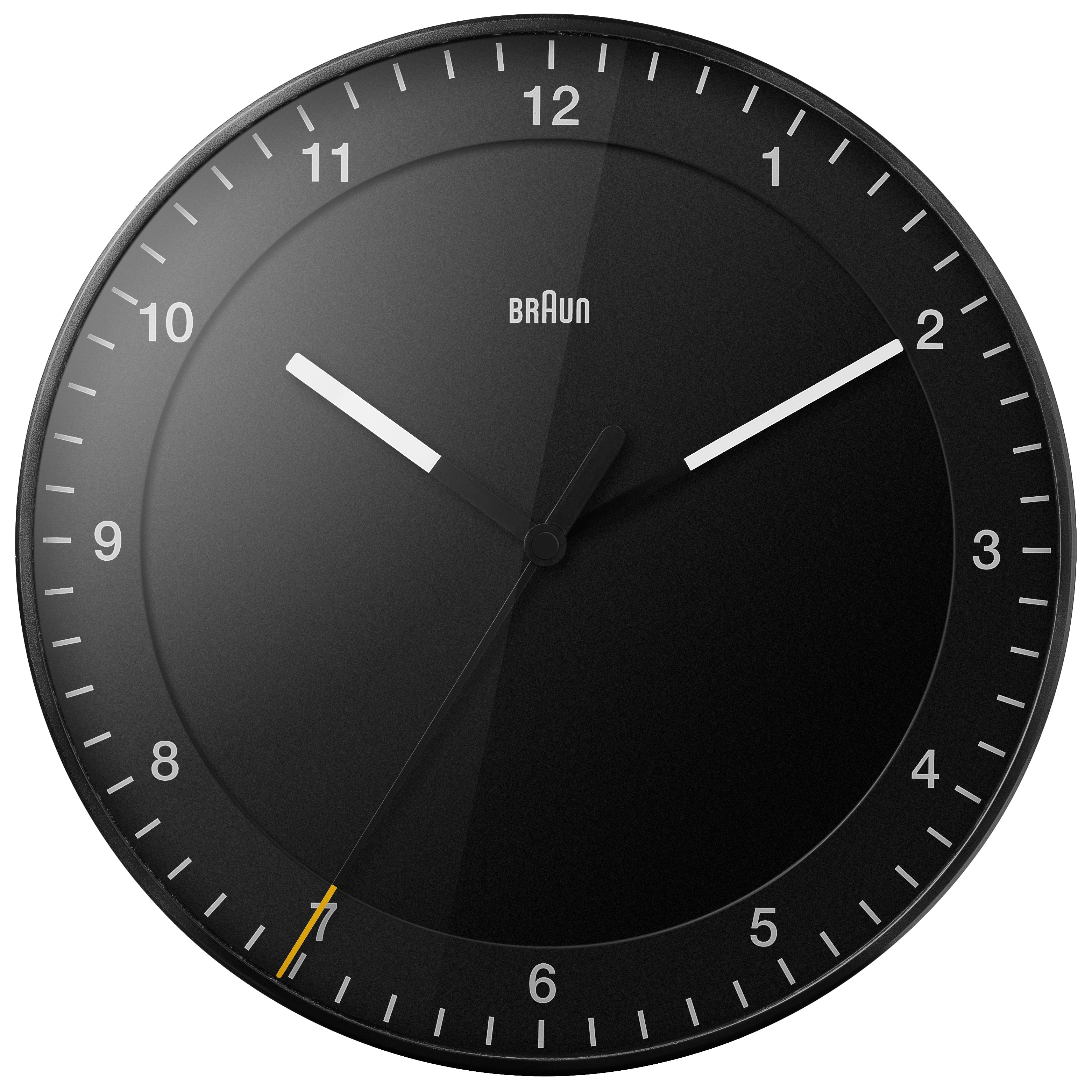 Braun BC17 Large Wall Clock in black, with white hands and yellow-tipped second hand