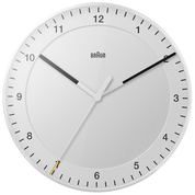 Braun BC17 Large Wall Clock in white, with black hands and yellow-tipped second hand