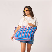 Striped Tote Bag - Blue, worn on shoulder