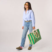 Striped Tote Bag - Green, worn on shoulder