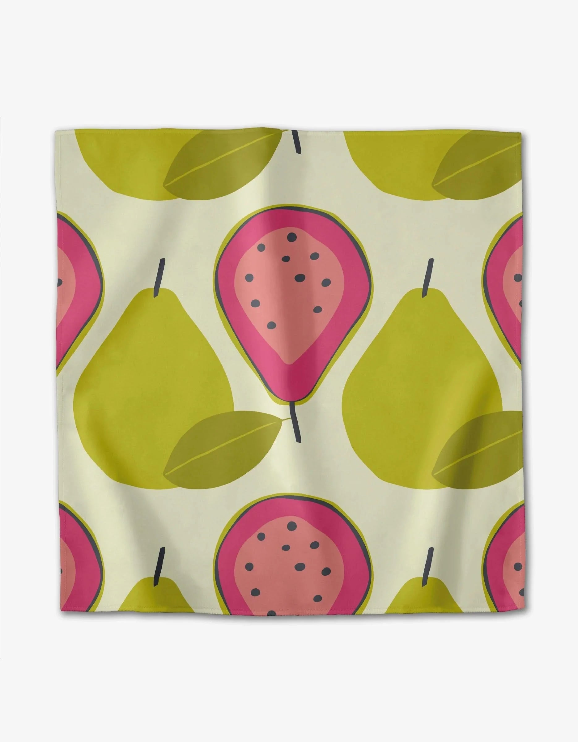 Tropical Fruit napkin with chartreuse pears and halved pink guavas on off-white