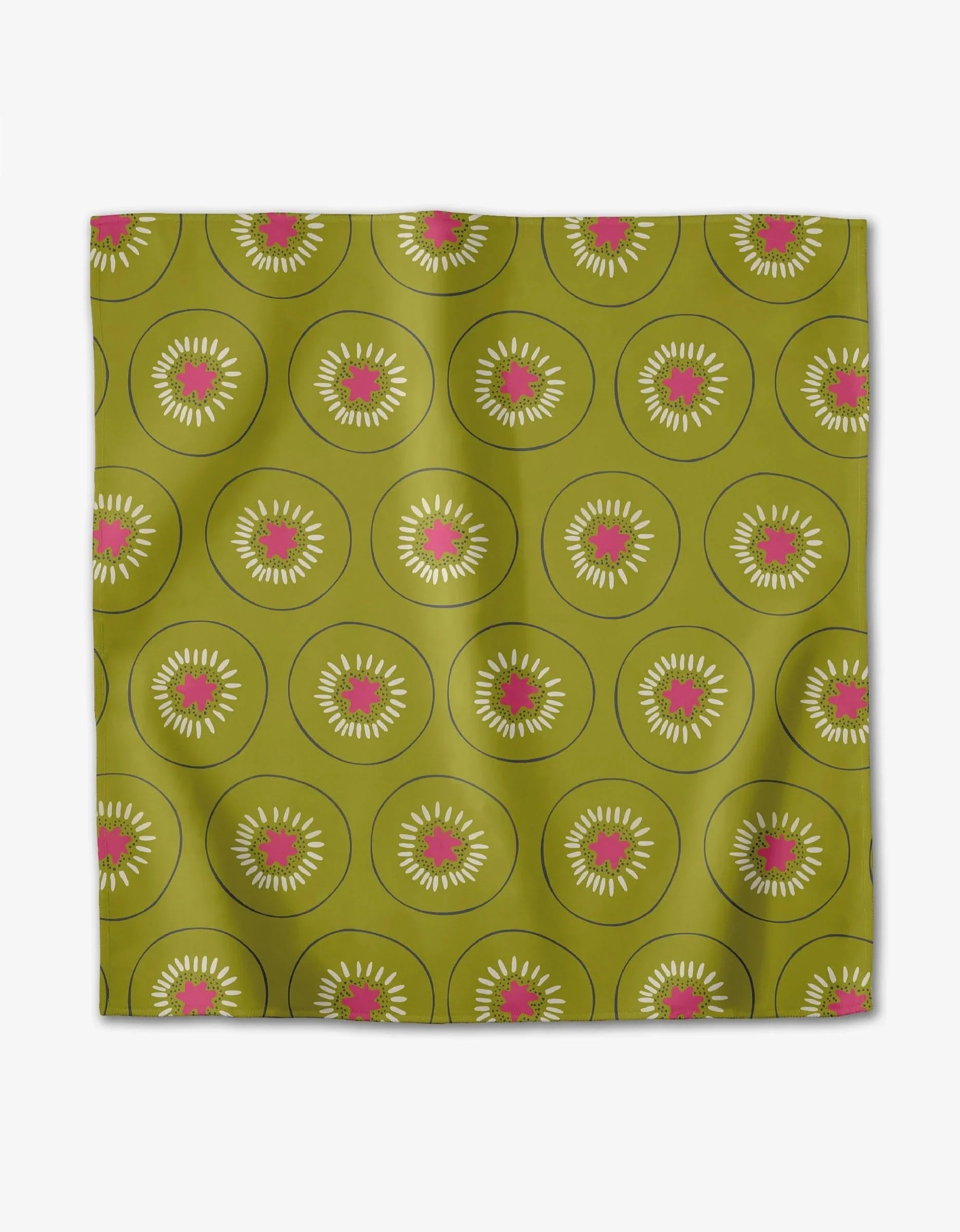 Tropical Fruit napkin with a repeating kiwi slice pattern on an olive ground