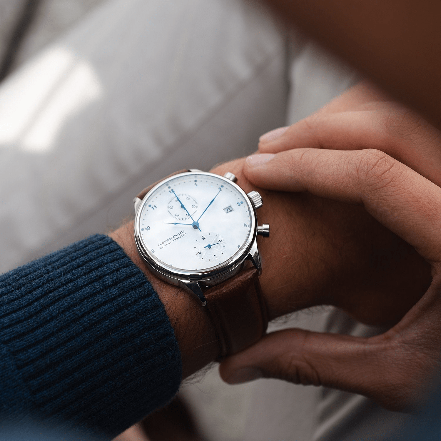 1815 Chronograph White on wrist, leather strap