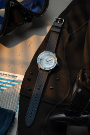 1956 Marine Steel Light Blue on wrist, lifestyle