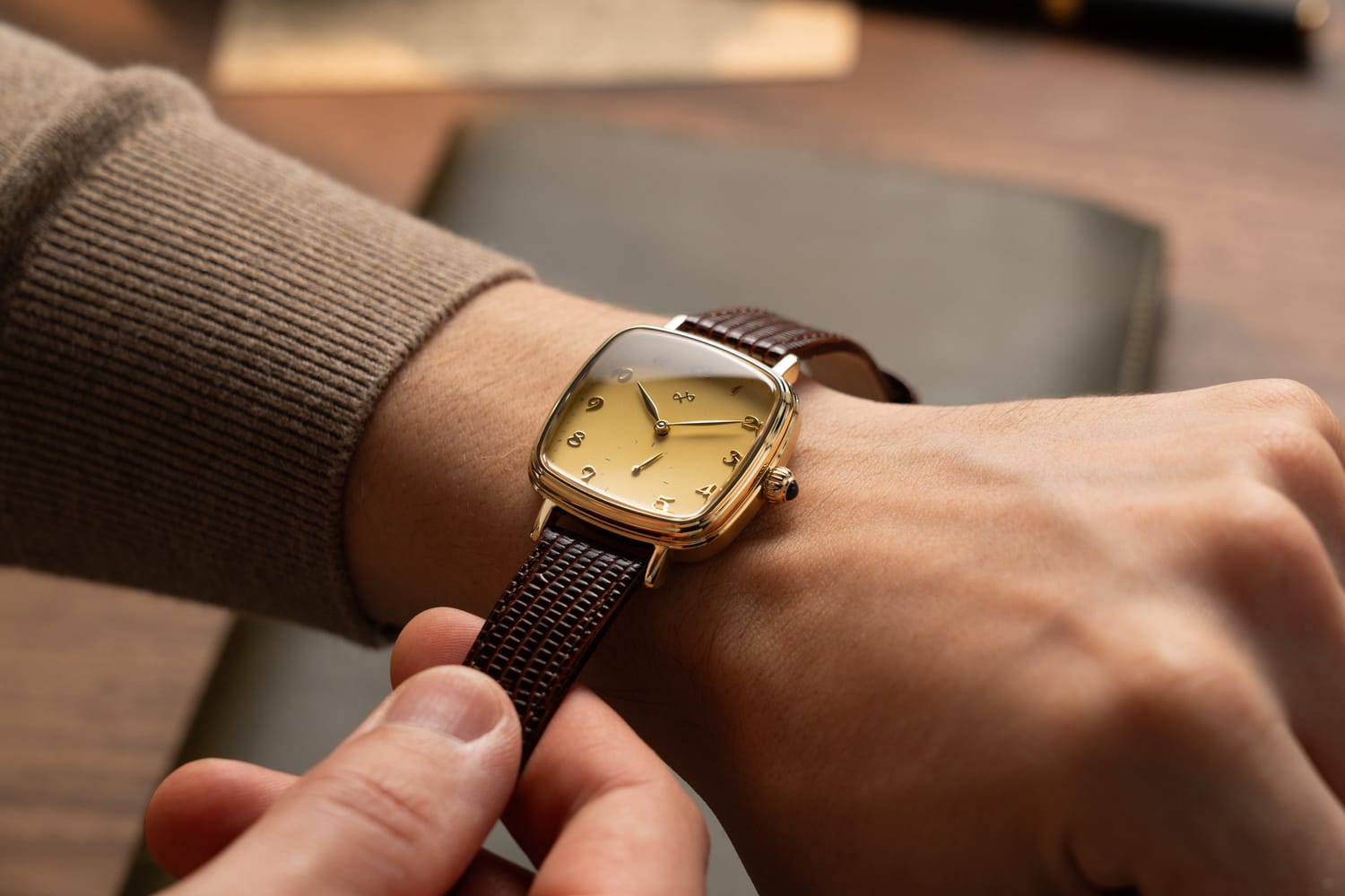1954 Capri Mechanical Gold Vintage Cream worn on the wrist
