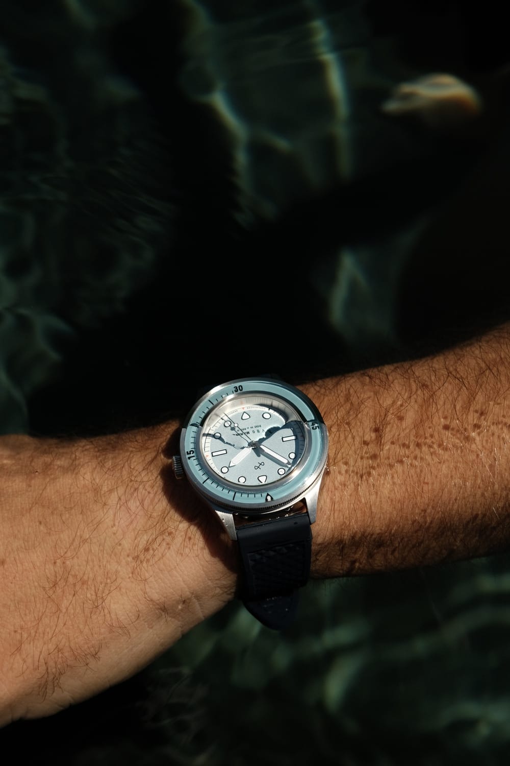 1956 Marine Steel Light Blue on wrist, candid