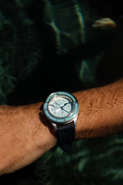 1956 Marine Steel Light Blue on wrist, candid