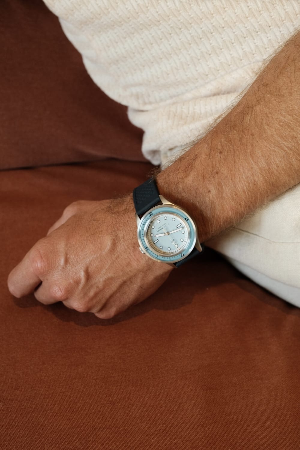 1956 Marine Steel Light Blue lifestyle, black strap